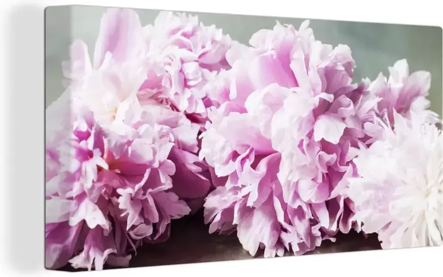OneMillionCanvasses Canvas Schilderij Roze pioenrozen op tafel 80x40 cm Wanddecoratie