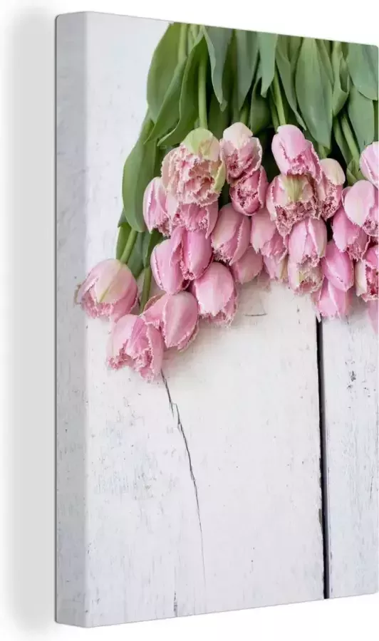 OneMillionCanvasses Canvas Schilderij Roze tulpen op witte tafel 20x30 cm Wanddecoratie