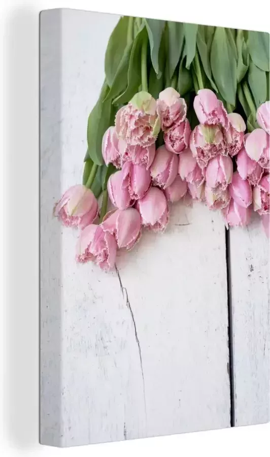 OneMillionCanvasses Canvas schilderij 90x140 cm Wanddecoratie Roze tulpen op witte tafel Muurdecoratie woonkamer Slaapkamer decoratie Kamer accessoires Schilderijen