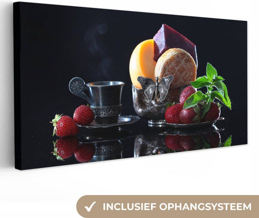 OneMillionCanvasses Canvas Schilderij Rustiek Fruit Kaas Tafel Stilleven 40x20 cm Wanddecoratie