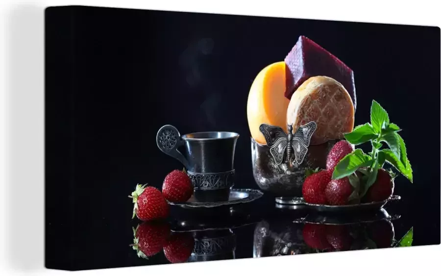 OneMillionCanvasses Canvas Schilderij Rustiek Fruit Kaas Tafel Stilleven 40x20 cm Wanddecoratie - Foto 2