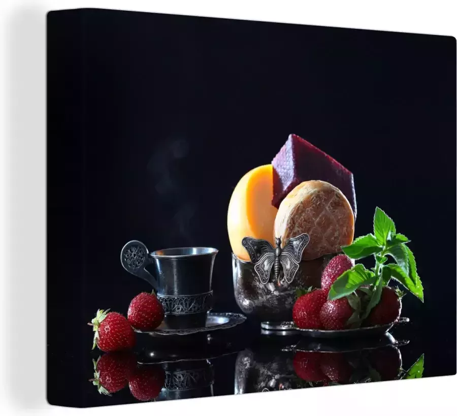 OneMillionCanvasses Canvas Schilderij Rustiek Fruit Kaas Tafel Stilleven 40x30 cm Wanddecoratie - Foto 2