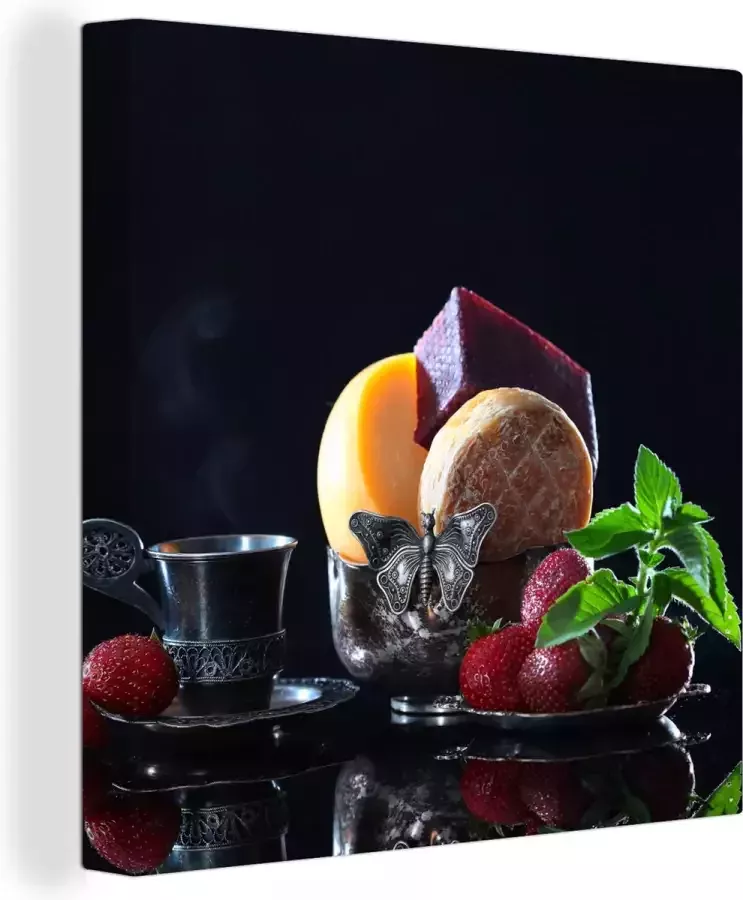 OneMillionCanvasses Canvas Schilderij Rustiek Fruit Kaas Tafel Stilleven 50x50 cm Wanddecoratie - Foto 2