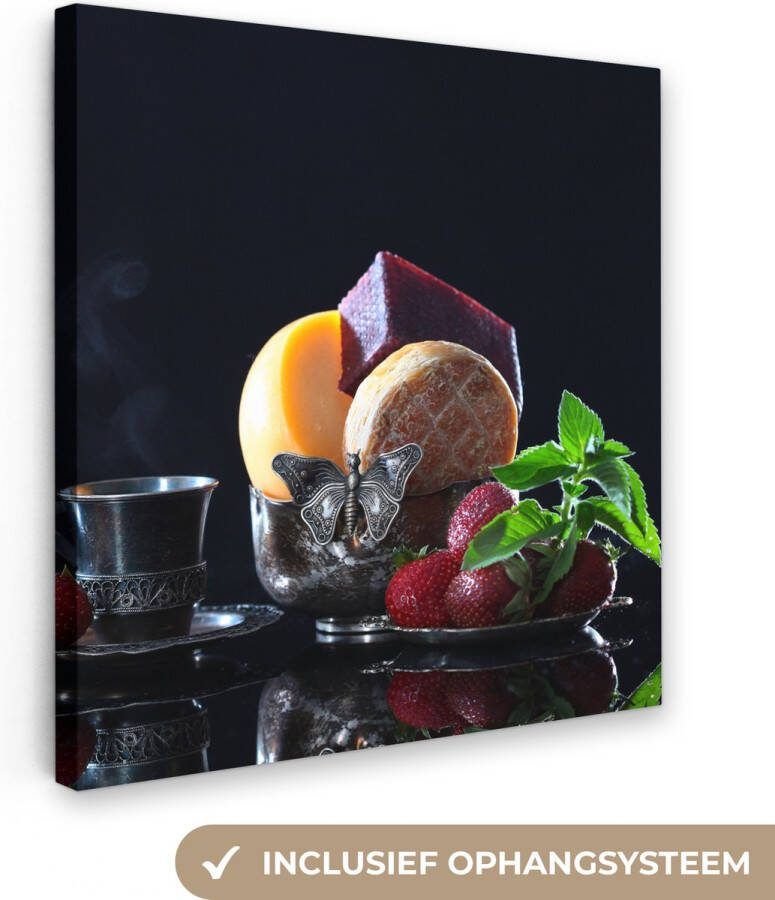 OneMillionCanvasses Canvas Schilderij Rustiek Fruit Kaas Tafel Stilleven 50x50 cm Wanddecoratie