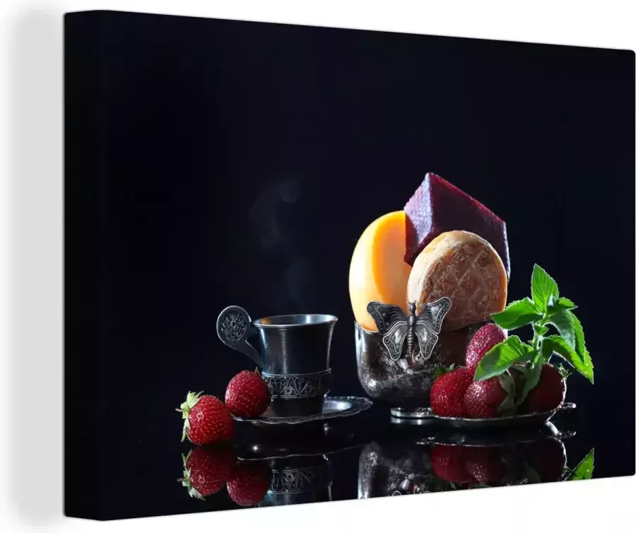 OneMillionCanvasses Canvas Schilderij Rustiek Fruit Kaas Tafel Stilleven 60x40 cm Wanddecoratie - Foto 2
