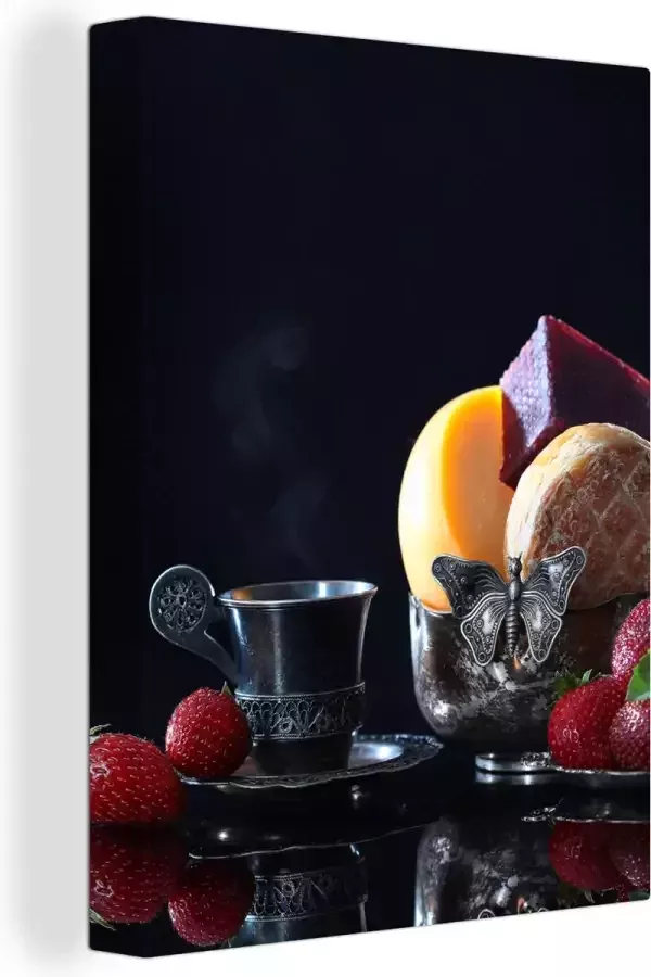 OneMillionCanvasses Canvas Schilderij Rustiek Fruit Kaas Tafel Stilleven 60x80 cm Wanddecoratie