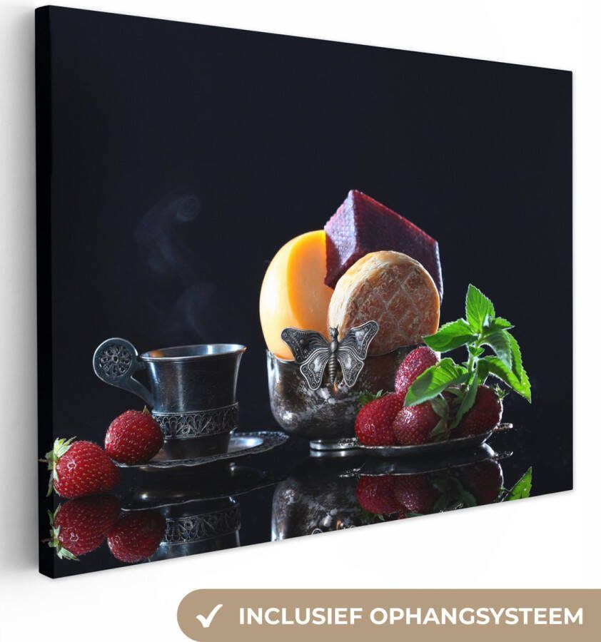 OneMillionCanvasses Canvas Schilderij Rustiek Fruit Kaas Tafel Stilleven 80x60 cm Wanddecoratie