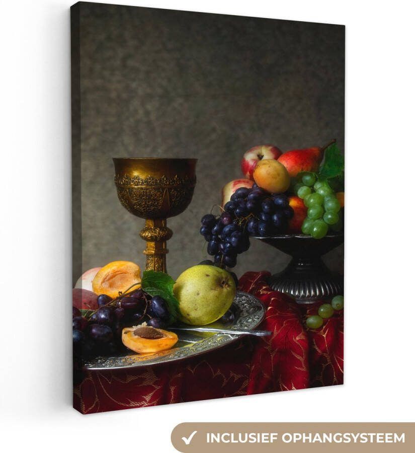 OneMillionCanvasses Canvas Schilderij Rustiek Tafel Fruit Stilleven Beker 60x80 cm Wanddecoratie