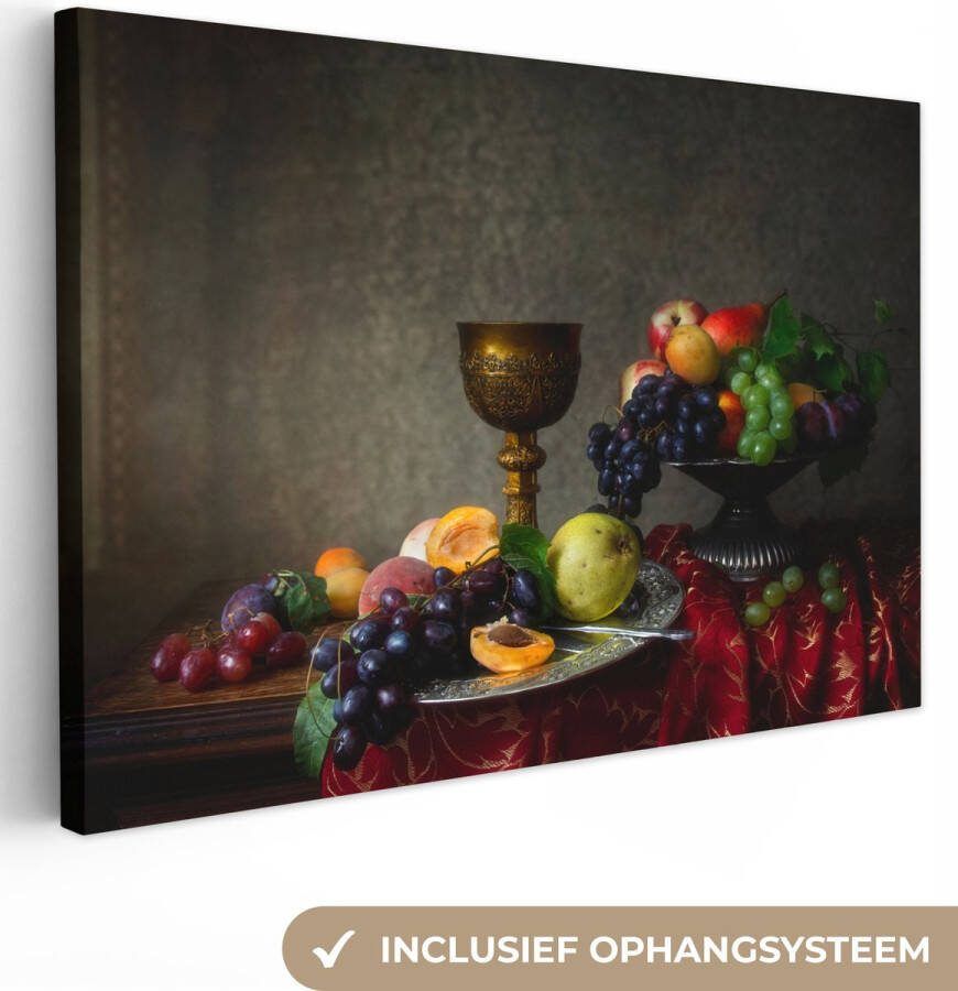 OneMillionCanvasses Canvas Schilderij Rustiek Tafel Fruit Stilleven Beker 120x80 cm Wanddecoratie
