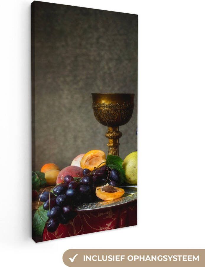 OneMillionCanvasses Canvas Schilderij Rustiek Tafel Fruit Stilleven Beker 20x40 cm Wanddecoratie