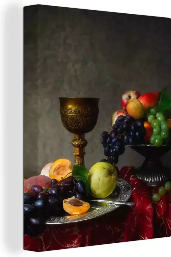 OneMillionCanvasses Canvas Schilderij Rustiek Tafel Fruit Stilleven Beker 60x80 cm Wanddecoratie - Foto 2