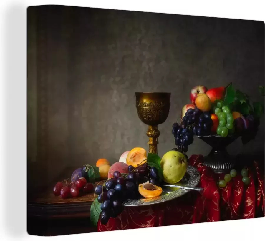 OneMillionCanvasses Canvas Schilderij Rustiek Tafel Fruit Stilleven Beker 80x60 cm Wanddecoratie - Foto 2
