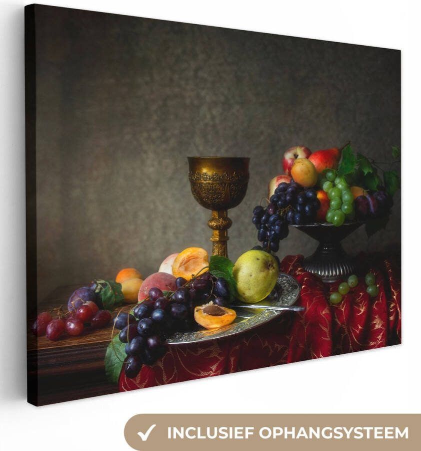 OneMillionCanvasses Canvas Schilderij Rustiek Tafel Fruit Stilleven Beker 80x60 cm Wanddecoratie