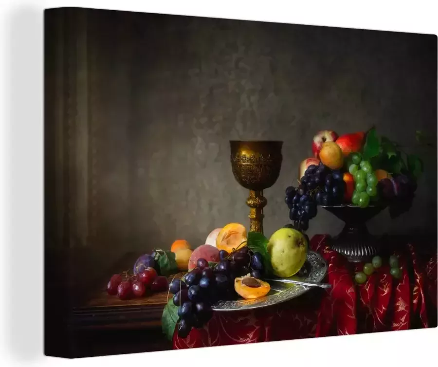 OneMillionCanvasses Canvas Schilderij Rustiek Tafel Fruit Stilleven Beker 90x60 cm Wanddecoratie