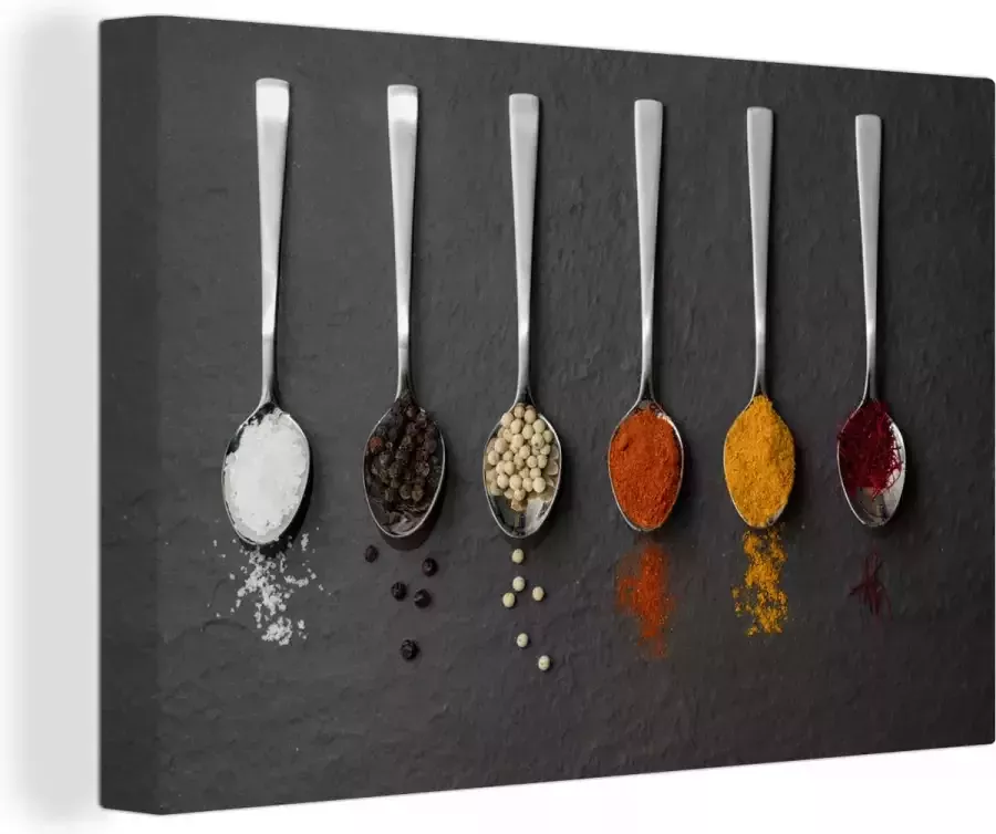 Canvas schilderij 120x80 cm Wanddecoratie Specerijen Lepels Tafel Rustiek Kruiden Muurdecoratie accessoires Keuken decoratie muur Schilderijen op canvas