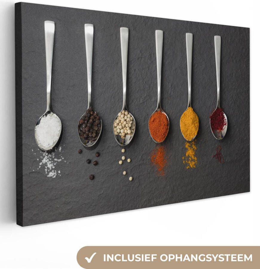 OneMillionCanvasses Canvas schilderij 150x100 cm Wanddecoratie Specerijen Lepels Tafel Rustiek Kruiden Muurdecoratie accessoires Keuken decoratie muur Schilderijen op canvas