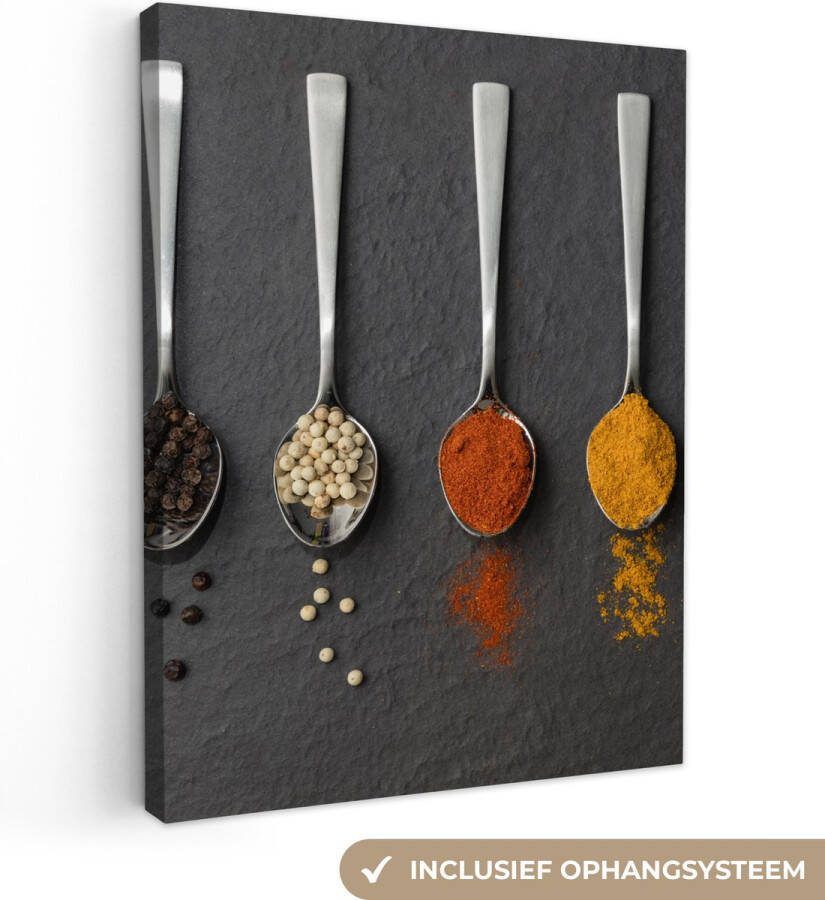 OneMillionCanvasses Canvas Schilderij Specerijen Lepels Tafel Rustiek Kruiden 30x40 cm Wanddecoratie