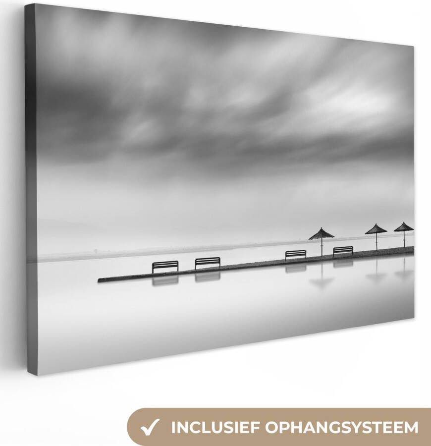 OneMillionCanvasses Canvas schilderij Steiger Bankje Parasol Water Canvasdoek Foto op canvas 150x100 cm Schilderijen woonkamer