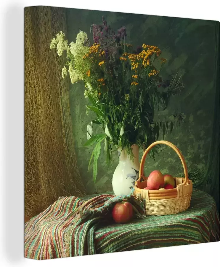 Canvas schilderij 90x90 cm Wanddecoratie Stilleven Bloemen Appel Mandje Tafel Schilderij Muurdecoratie woonkamer Slaapkamer decoratie Kamer accessoires Schilderijen op canvas