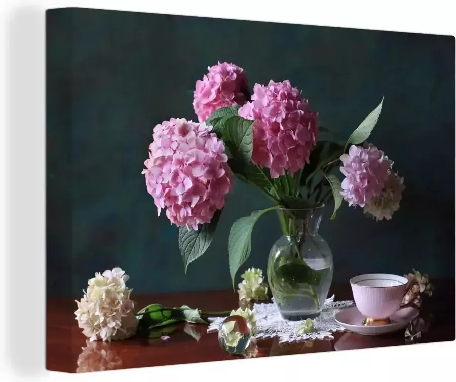 OneMillionCanvasses Canvas schilderij 140x90 cm Wanddecoratie Stilleven hortensia's en theekop op tafel Muurdecoratie woonkamer Slaapkamer decoratie Kamer accessoires Schilderijen
