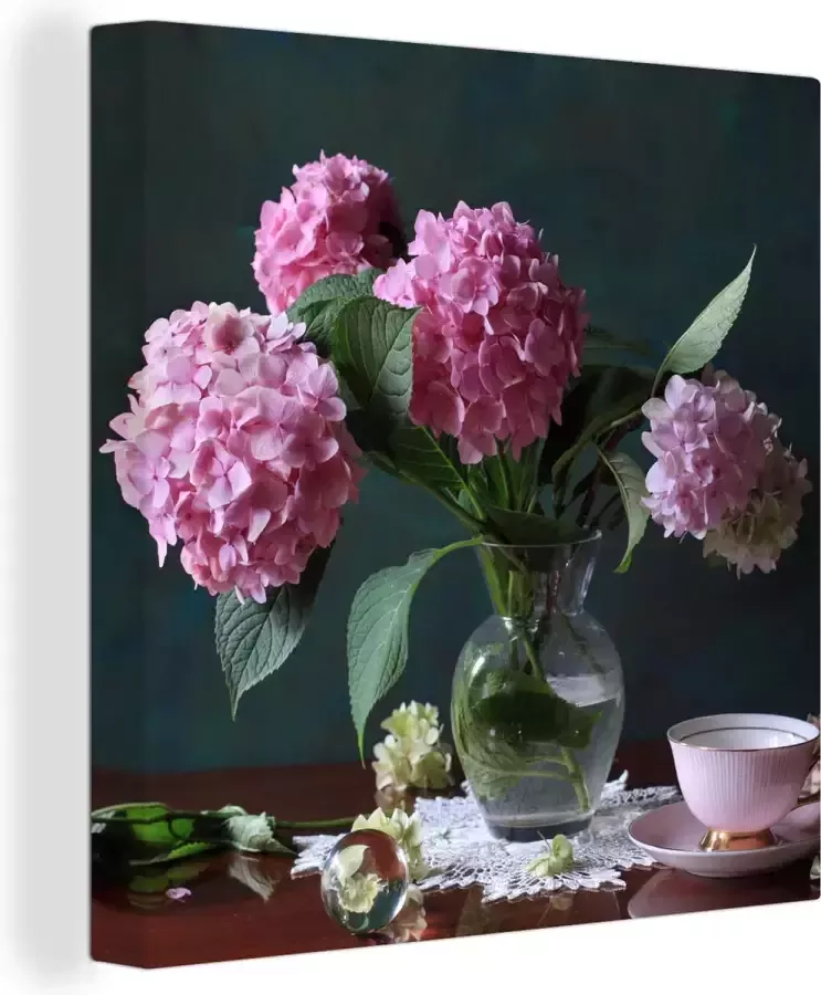 Canvas schilderij 50x50 cm Wanddecoratie Stilleven hortensia's en theekop op tafel Muurdecoratie woonkamer Slaapkamer decoratie Kamer accessoires Schilderijen op canvas
