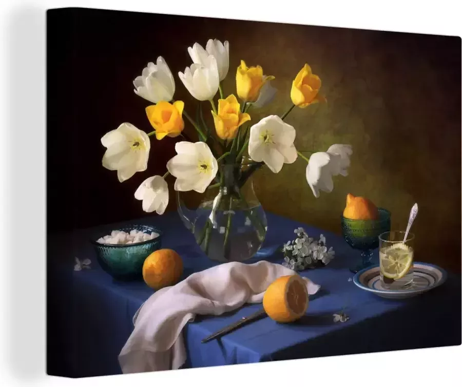 OneMillionCanvasses Canvas Schilderij Stilleven Kleuren Tafel 60x40 cm Wanddecoratie