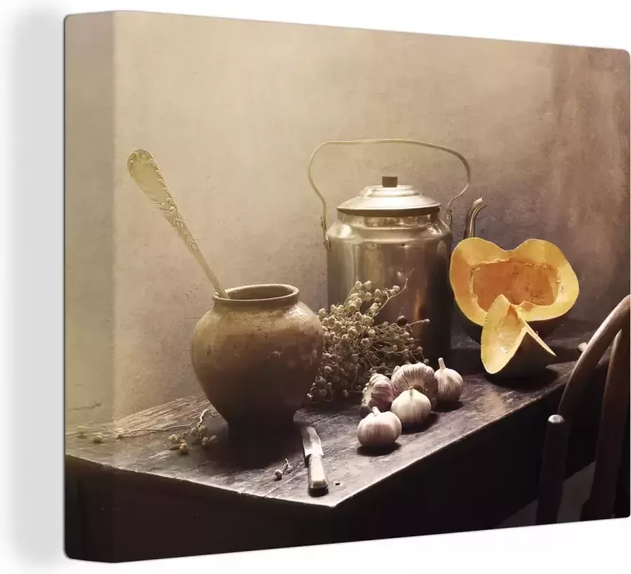 OneMillionCanvasses Canvas schilderij 40x30 cm Wanddecoratie Stilleven Pompoen Knoflook Pan Tafel Muurdecoratie woonkamer Slaapkamer decoratie Kamer accessoires Schilderijen op canvas - Foto 2