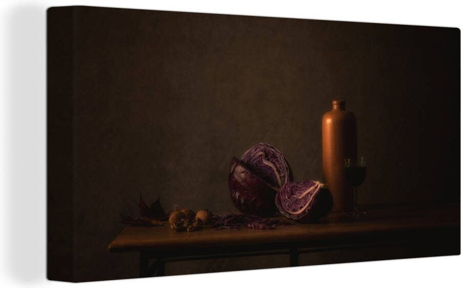 OneMillionCanvasses Canvas schilderij 160x80 cm Wanddecoratie Stilleven Rode Kool Tafel Schilderij Vaas Donker Kunst Muurdecoratie woonkamer Slaapkamer decoratie Kamer accessoires Schilderijen
