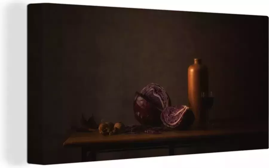 OneMillionCanvasses Canvas Schilderij Stilleven Rode Kool Tafel Schilderij Vaas Donker Kunst 80x40 cm Wanddecoratie