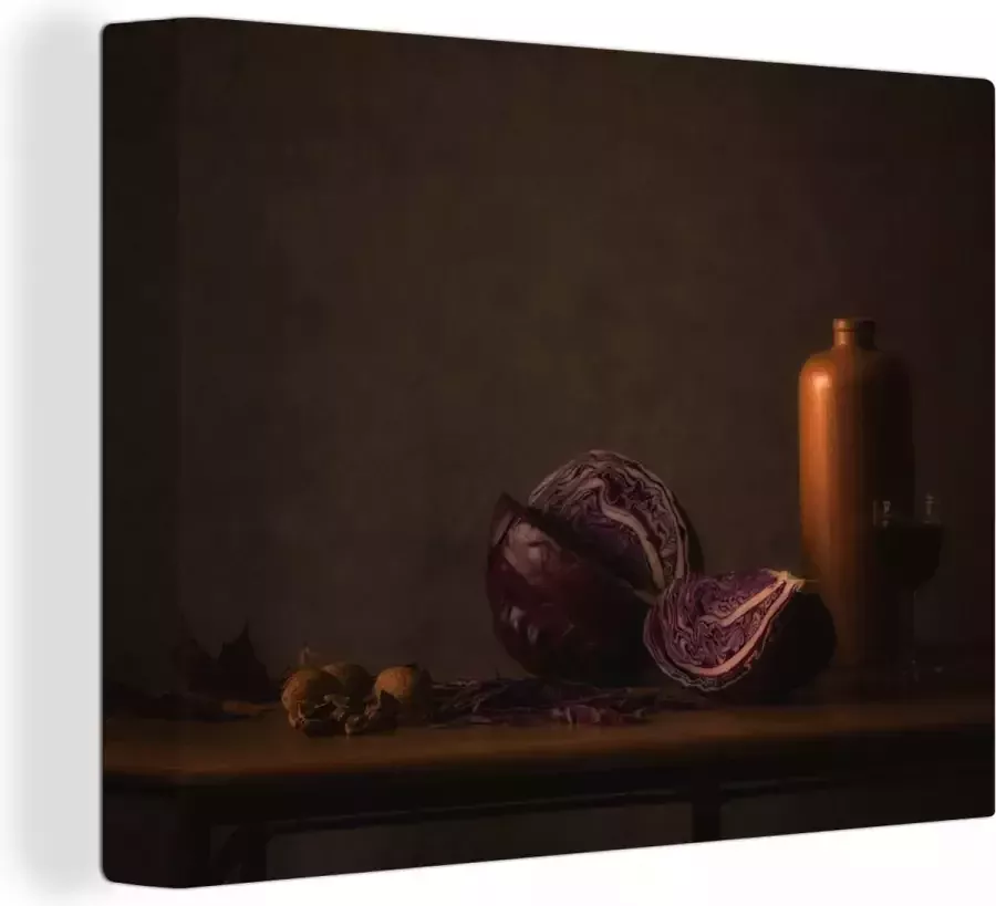 OneMillionCanvasses Canvas Schilderij Stilleven Rode Kool Tafel Schilderij Vaas Donker Kunst 80x60 cm Wanddecoratie