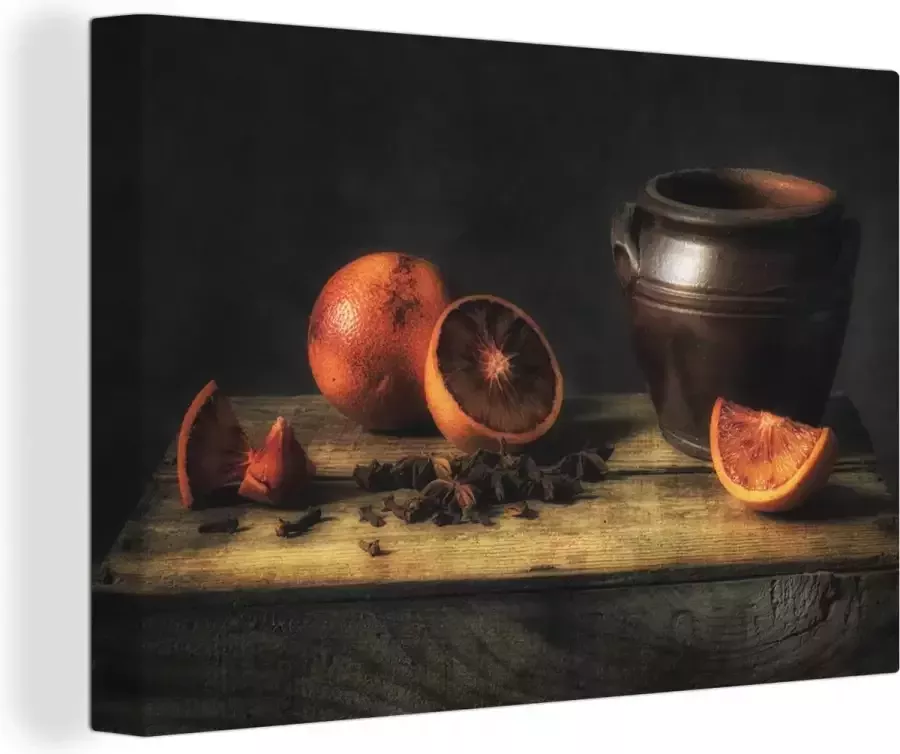Canvas schilderij 30x20 cm Wanddecoratie Schilderij Stilleven Vaas Tafel Sinaasappel Kunst Muurdecoratie woonkamer Slaapkamer decoratie Kamer accessoires Schilderijen op canvas