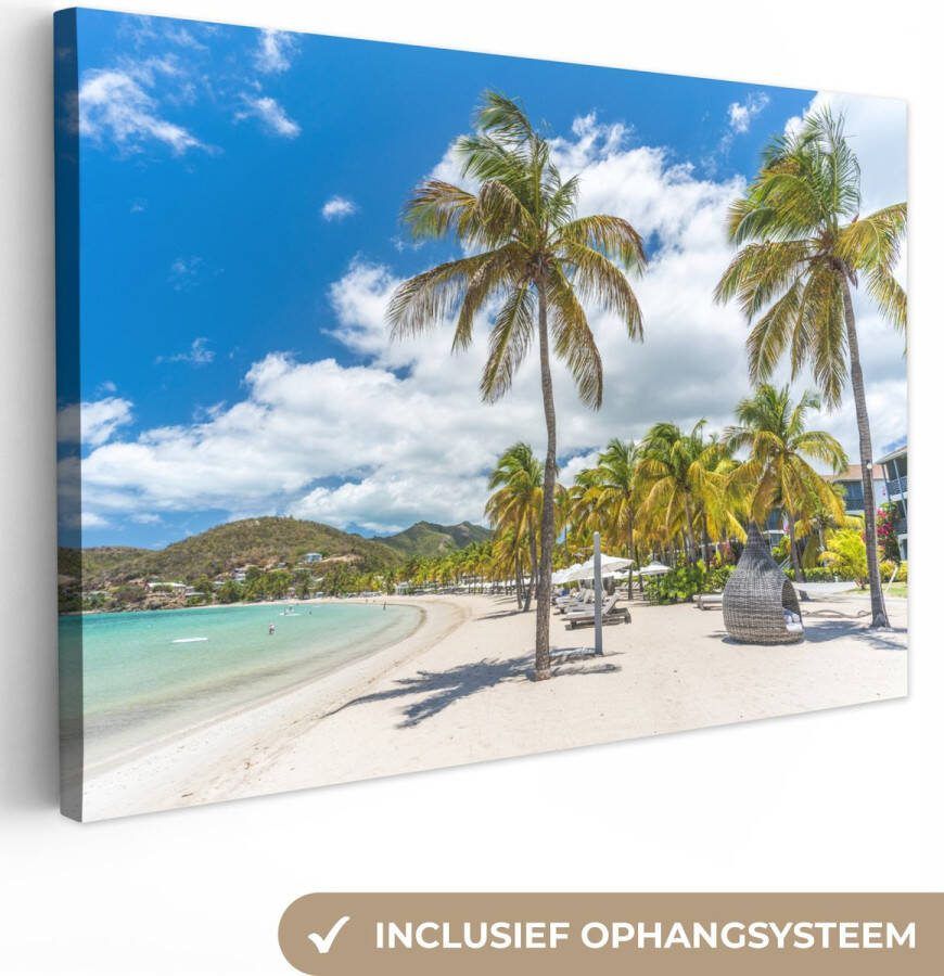 OneMillionCanvasses Canvas schilderij 120x80 cm Wanddecoratie Strand Ligbed Palmbomen Muurdecoratie woonkamer Slaapkamer decoratie Kamer accessoires Schilderijen op canvas - Foto 2