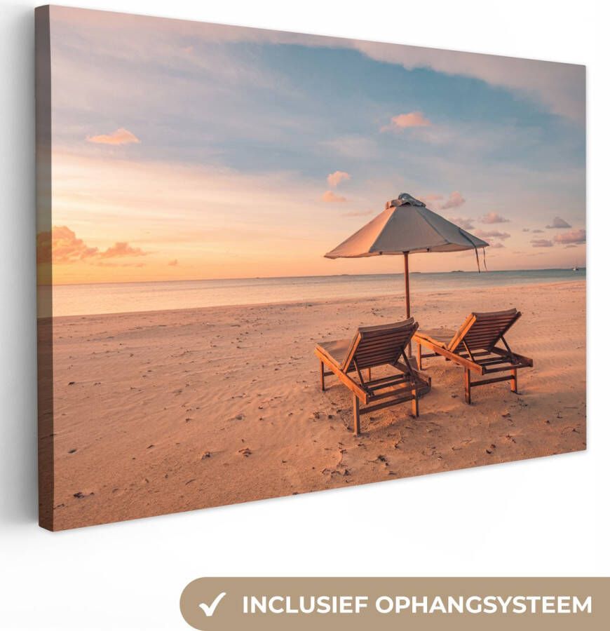 OneMillionCanvasses Canvas schilderij 30x20 cm Wanddecoratie Strand Ligbed Parasol Muurdecoratie woonkamer Slaapkamer decoratie Kamer accessoires Schilderijen op canvas