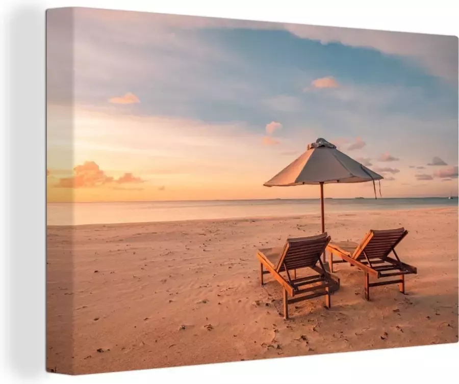 OneMillionCanvasses Canvas schilderij 30x20 cm Wanddecoratie Strand Ligbed Parasol Muurdecoratie woonkamer Slaapkamer decoratie Kamer accessoires Schilderijen op canvas - Foto 2