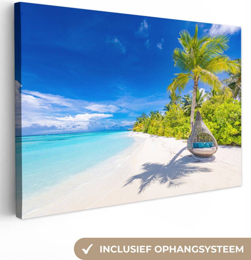 OneMillionCanvasses Canvas Schilderij Strand Palm Hangstoel 180x120 cm Wanddecoratie XXL - Foto 1