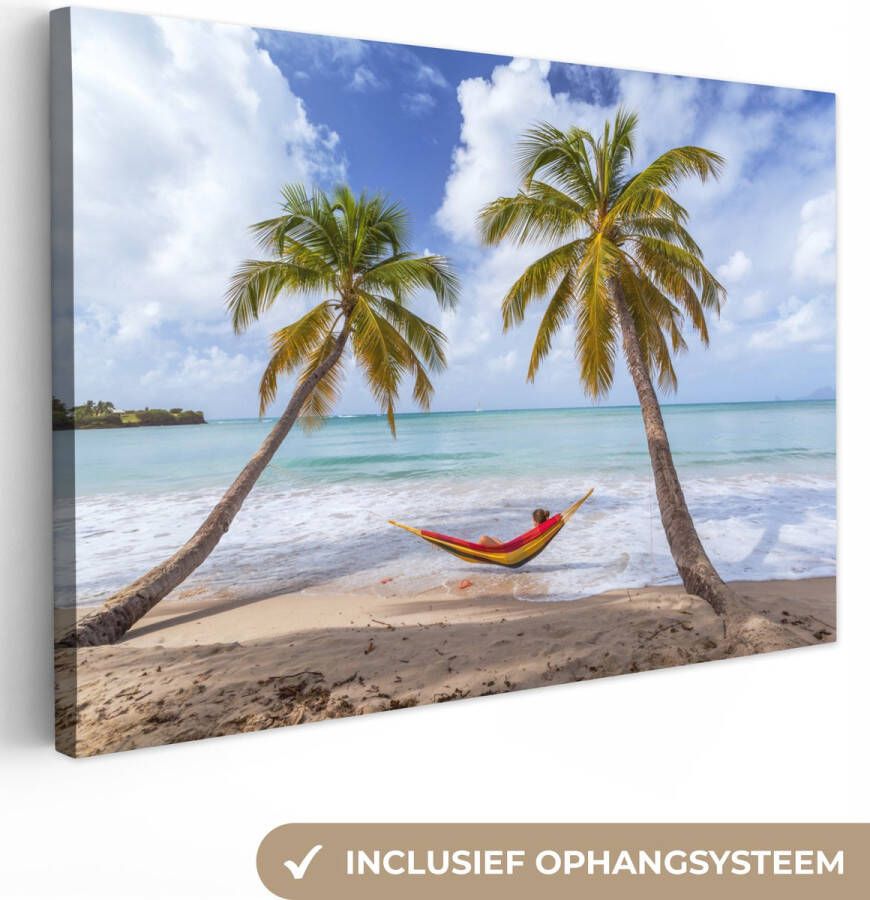 OneMillionCanvasses Canvas schilderij 150x100 cm Wanddecoratie Strand Palmbomen Hangmat Muurdecoratie woonkamer Slaapkamer decoratie Kamer accessoires Schilderijen