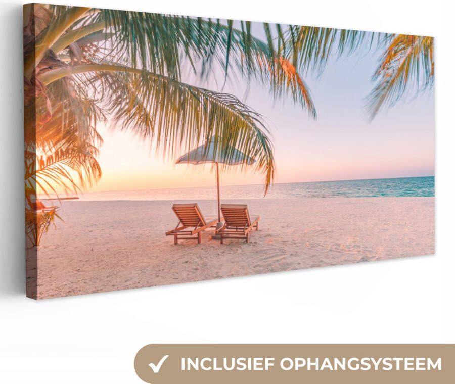 OneMillionCanvasses Canvas schilderij 160x80 cm Wanddecoratie Strand Palmbomen Parasol Muurdecoratie woonkamer Slaapkamer decoratie Kamer accessoires Schilderijen