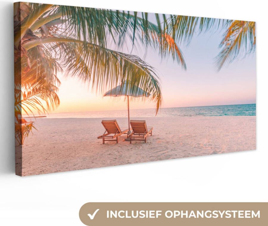 OneMillionCanvasses Canvas schilderij 80x40 cm Wanddecoratie Strand Palmbomen Parasol Muurdecoratie woonkamer Slaapkamer decoratie Kamer accessoires Schilderijen op canvas