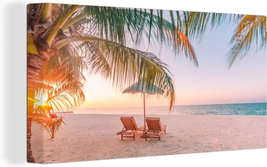 OneMillionCanvasses Canvas Schilderij Strand Palmbomen Parasol 80x40 cm Wanddecoratie