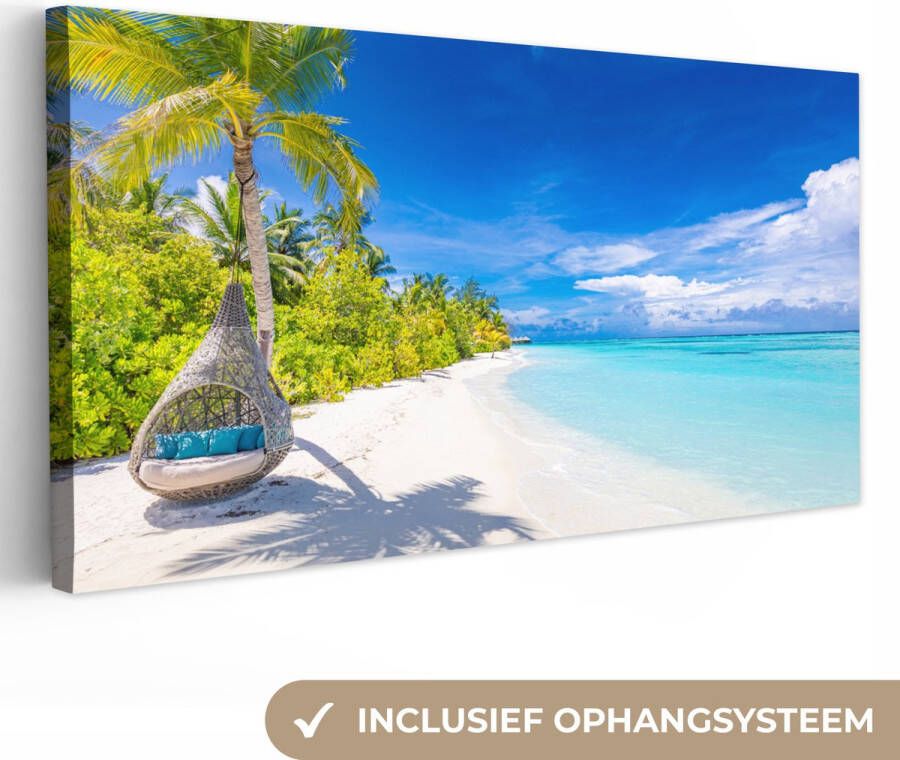 OneMillionCanvasses Canvas schilderij 40x20 cm Wanddecoratie Strand Palmboom Hangstoel Muurdecoratie woonkamer Slaapkamer decoratie Kamer accessoires Schilderijen op canvas