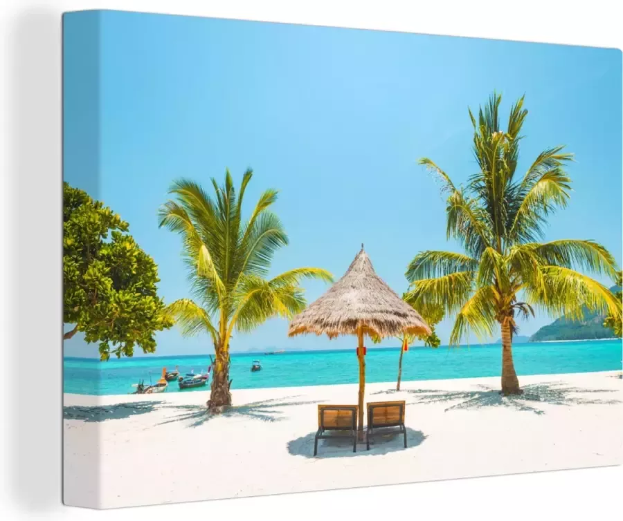 OneMillionCanvasses Canvas Schilderij Strand Parasol Palmboom 120x80 cm Wanddecoratie