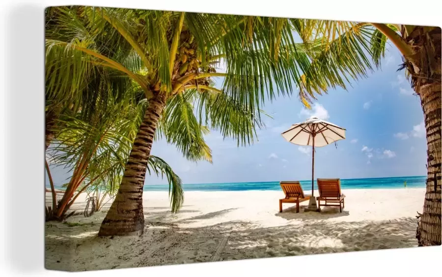 OneMillionCanvasses Canvas schilderij 80x40 cm Wanddecoratie Strand Strandstoel Parasol Muurdecoratie woonkamer Slaapkamer decoratie Kamer accessoires Schilderijen - Foto 1