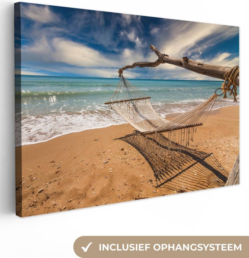 OneMillionCanvasses Canvas Schilderij Strand Zee Hangmat 90x60 cm Wanddecoratie