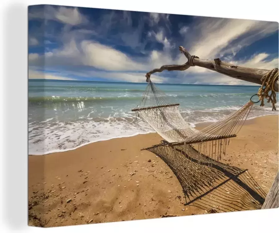 OneMillionCanvasses Canvas Schilderij Strand Zee Hangmat 90x60 cm Wanddecoratie - Foto 2