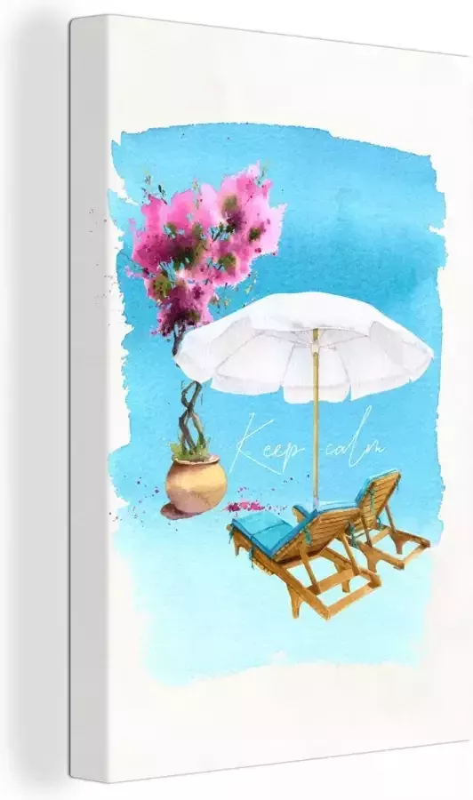 OneMillionCanvasses Canvas Schilderij Strandstoel Bloemen Parasol Tekening 80x120 cm Wanddecoratie