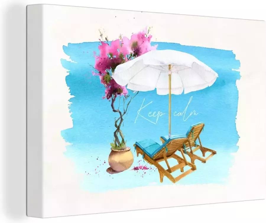 OneMillionCanvasses Canvas Schilderij Strandstoel Bloemen Parasol Waterverf 140x90 cm Wanddecoratie