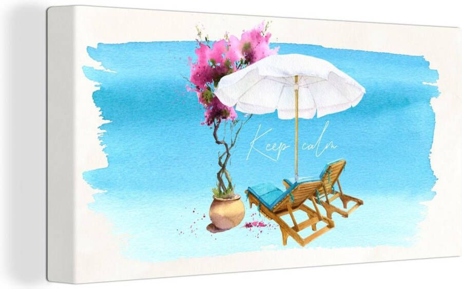 OneMillionCanvasses Canvas Schilderij Strandstoel Parasol Bloemen Aquarel 160x80 cm Wanddecoratie - Foto 1