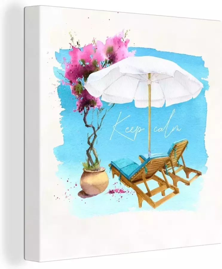 OneMillionCanvasses Canvas Schilderij Strandstoel Parasol Bloemen Tekening 20x20 cm Wanddecoratie