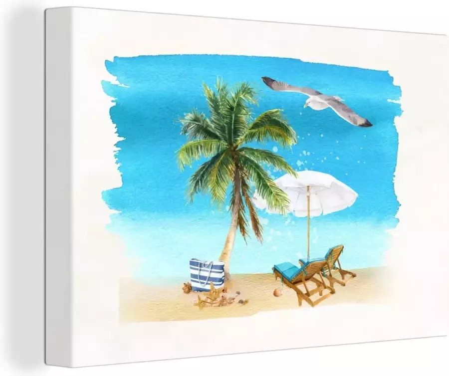 OneMillionCanvasses Canvas Schilderij Strandstoel Parasol Palmbomen Strand 120x80 cm Wanddecoratie