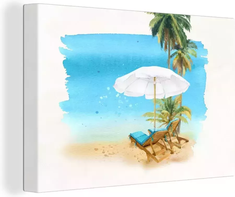 OneMillionCanvasses Canvas Schilderij Strandstoel Parasol Palmbomen Waterverf 90x60 cm Wanddecoratie